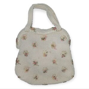 Corde bead lumured Elegant Floral Beaded Handbag purse tote coquette cream pink